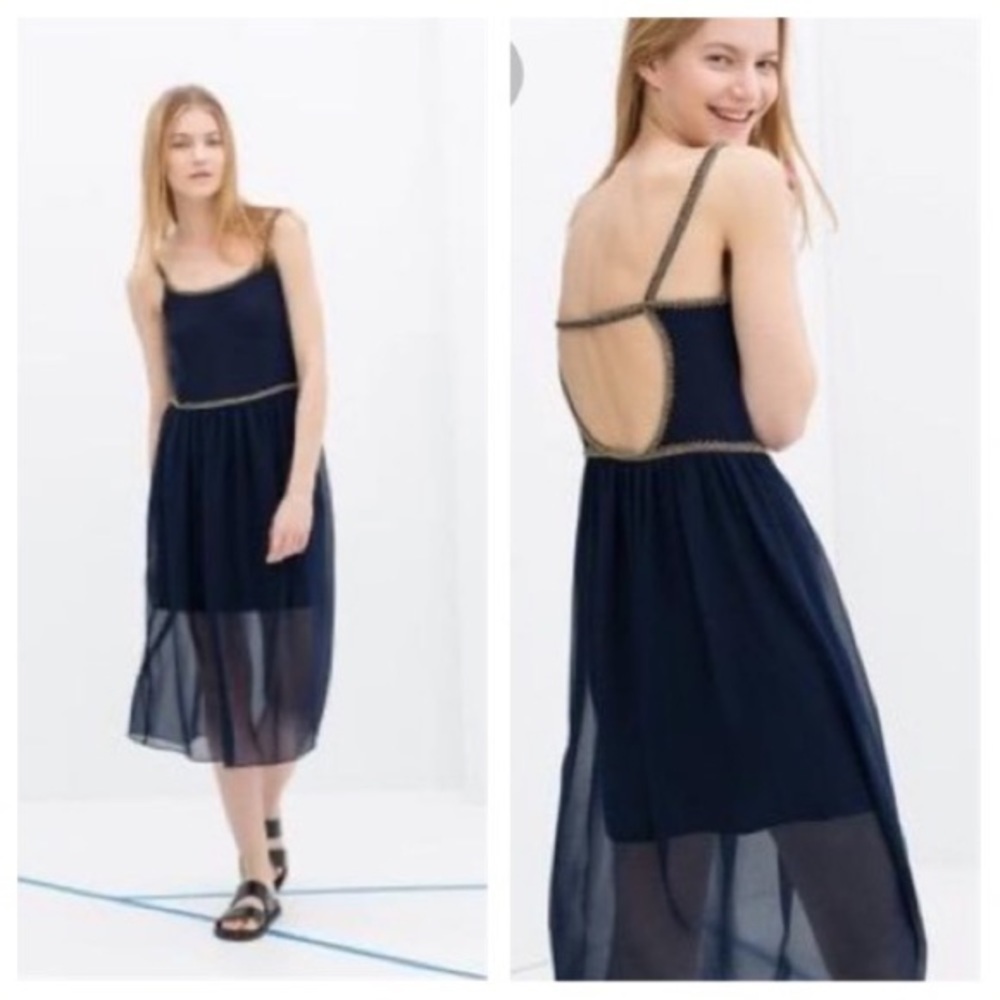 Zara Sequin Navy Cut Out Sheer Midi Dress sz S